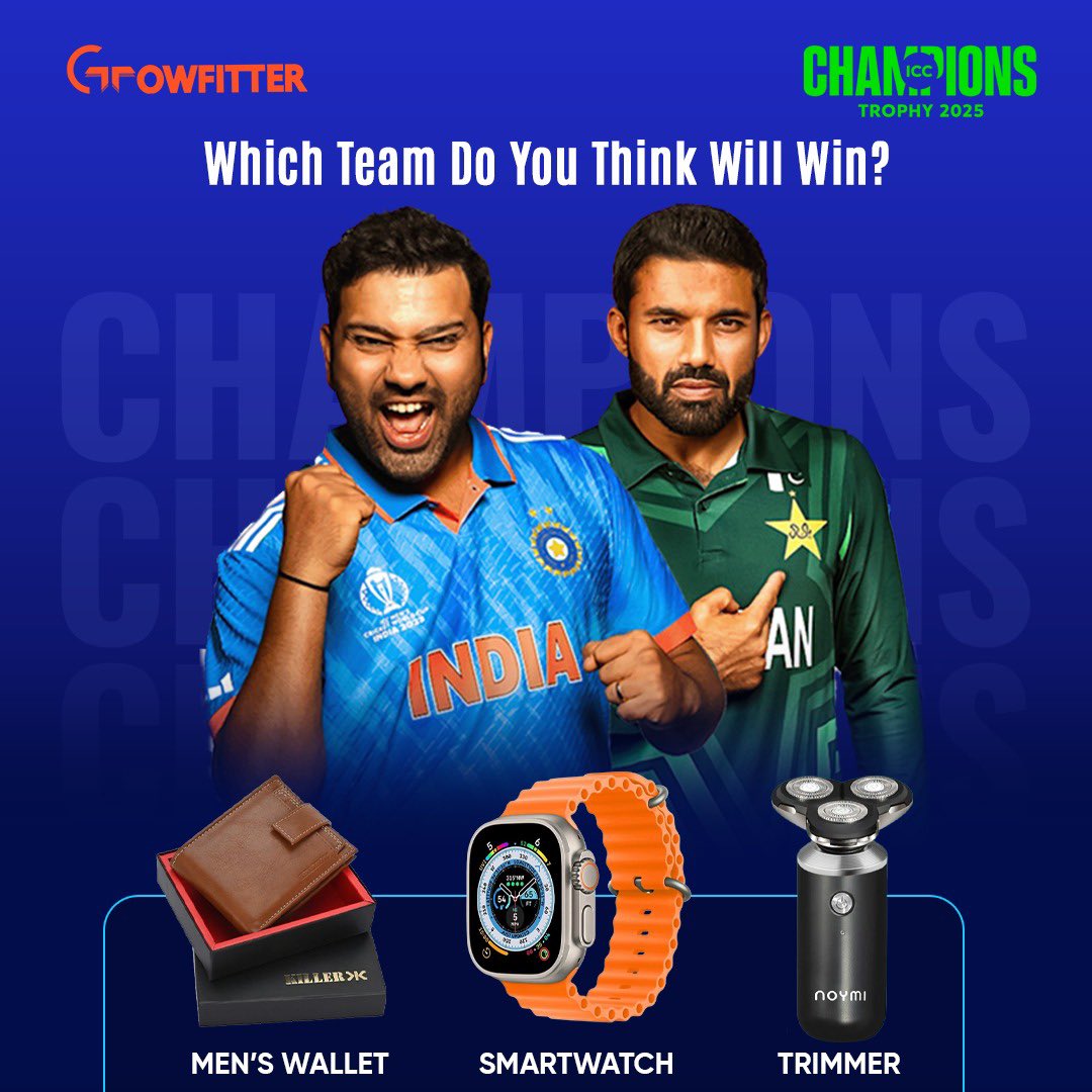 🏏 INDIA vs PAKISTAN – MEGA GIVEAWAY
Tell us who wins on Feb 23 2025? Comment your predictions below 💬
⌚ 5 winners get a Smartwatch 
🧔🏻‍♂️🪒 5  winners get a Trimmer 
🎁 10 winners get a Killer Wallet
#INDvsPAK #CricketRivalry #MegaGiveaway #WinBig #FinalOver #CricketFever