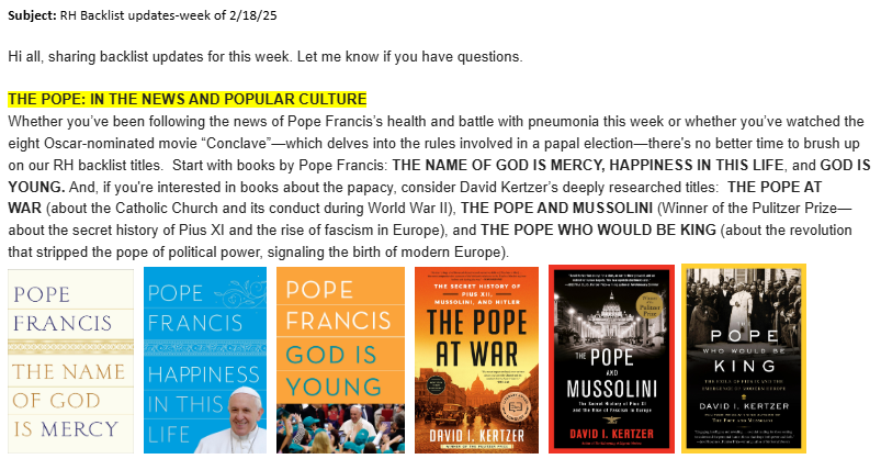 Nice to see Random House this week plugging my recent three books alongside the three books by Pope Francis that Random House published