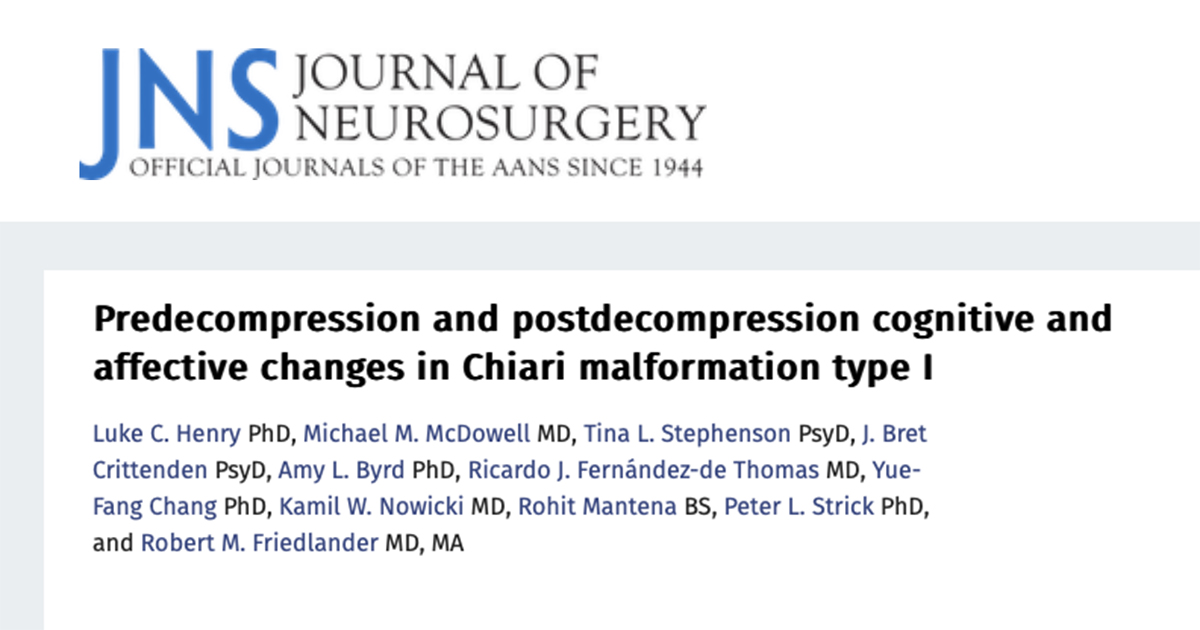 For people born with Chiari malformation type 1, a surgical intervention may not only relieve classic symptoms like headaches and tingling sensations, but may also improve memory and psychological health. thejns.org/view/journals/… <a href="/DrRFriedlander/">Robert Friedlander</a> <a href="/UPMCPhysicianEd/">UPMC Physician Resources</a> <a href="/ConquerChiari/">Conquer Chiari</a>