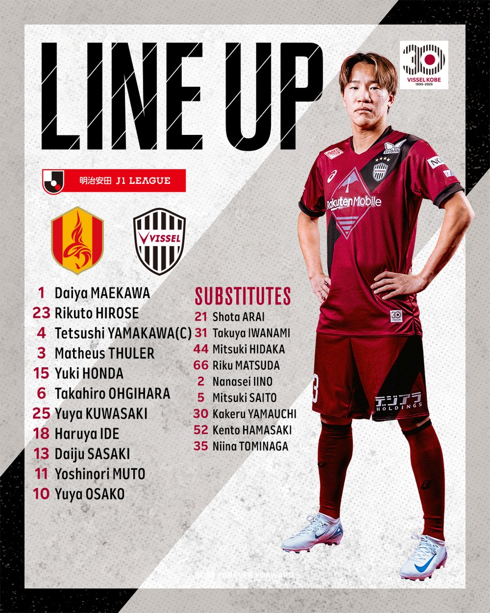 [LINEUP]

今日はこのメンバーで名古屋グランパスと戦います！

Here is today's starting lineup against Nagoya Grampus!

試合中継は <a href="/DAZN_JPN/">DAZN Japan</a> 📺
視聴は年パスがお得⏩bit.ly/4hvBy55

#visselkobe #ヴィッセル神戸 #名古屋神戸