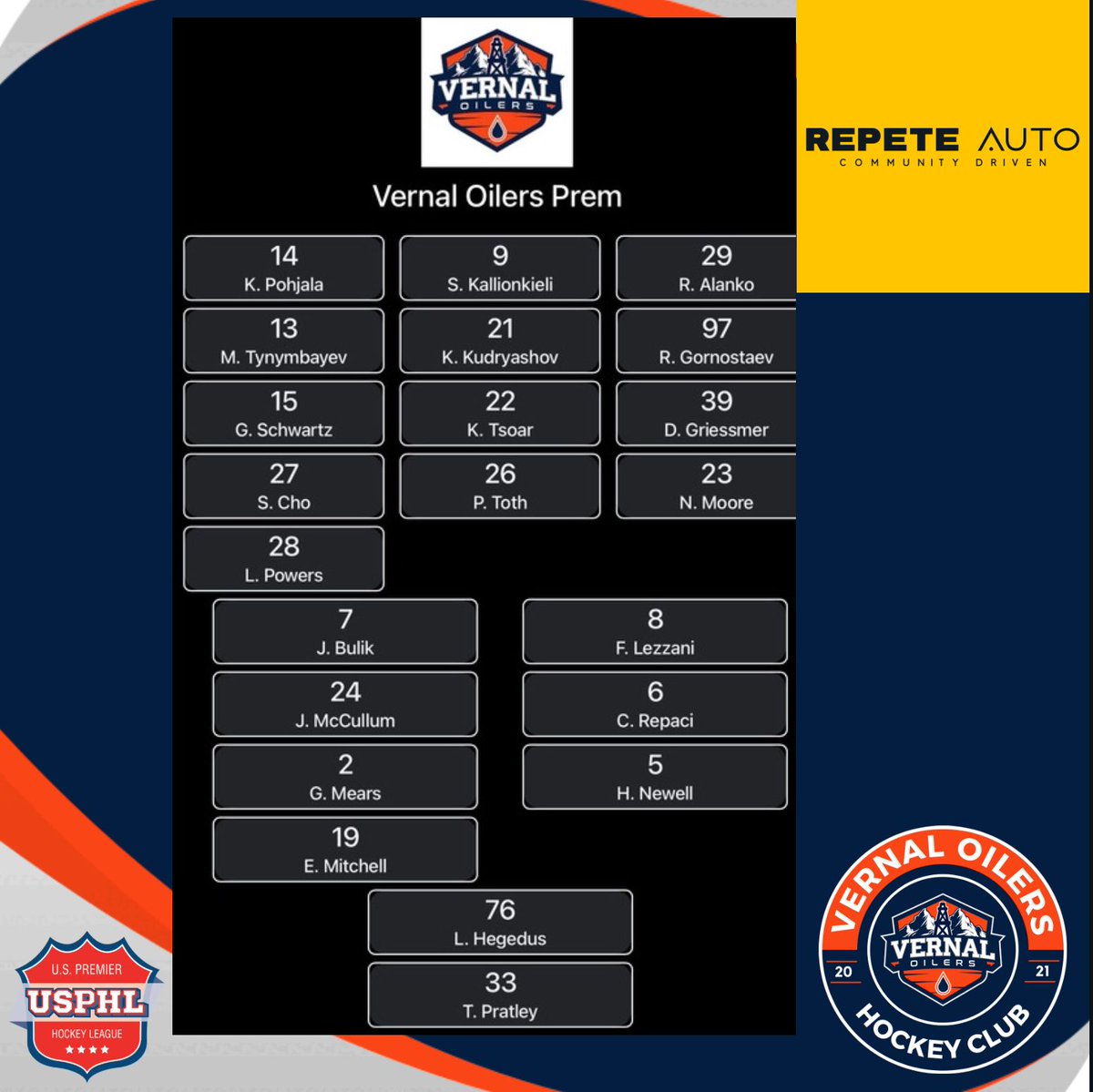 VernalOilers's tweet photo. Tonight’s Vernal Oilers line up brought to by @Repeteauto.
Puck drop 8:35 @westernparkicearena
#vernaloilers #vernalutah #thisisvernal #uintahbasin #northwestchamps #usphl #usphlpremier #jrahockey #utahhockey https://t.co/v2R80zvne9
