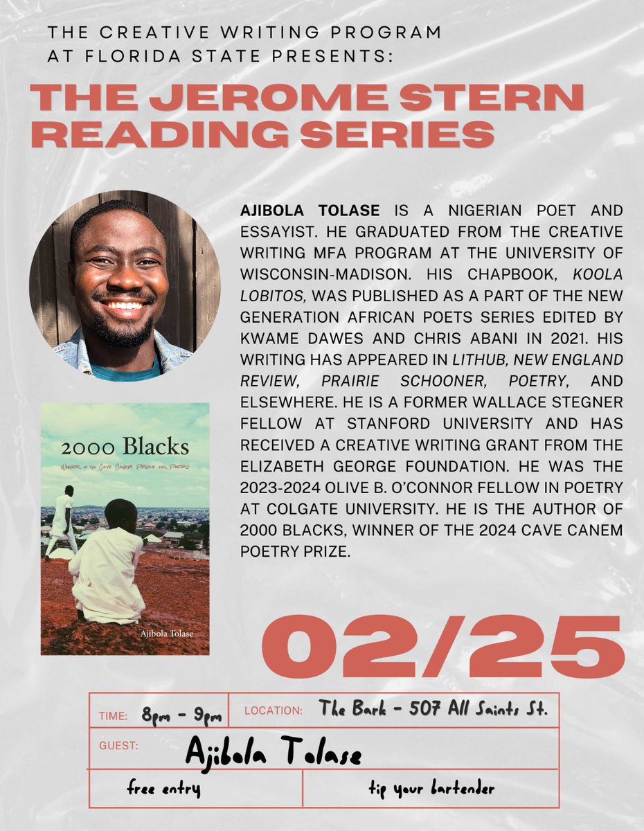 We are looking forward to a reading by Ajibola Tolase this Tuesday, February 25 at The Bark!