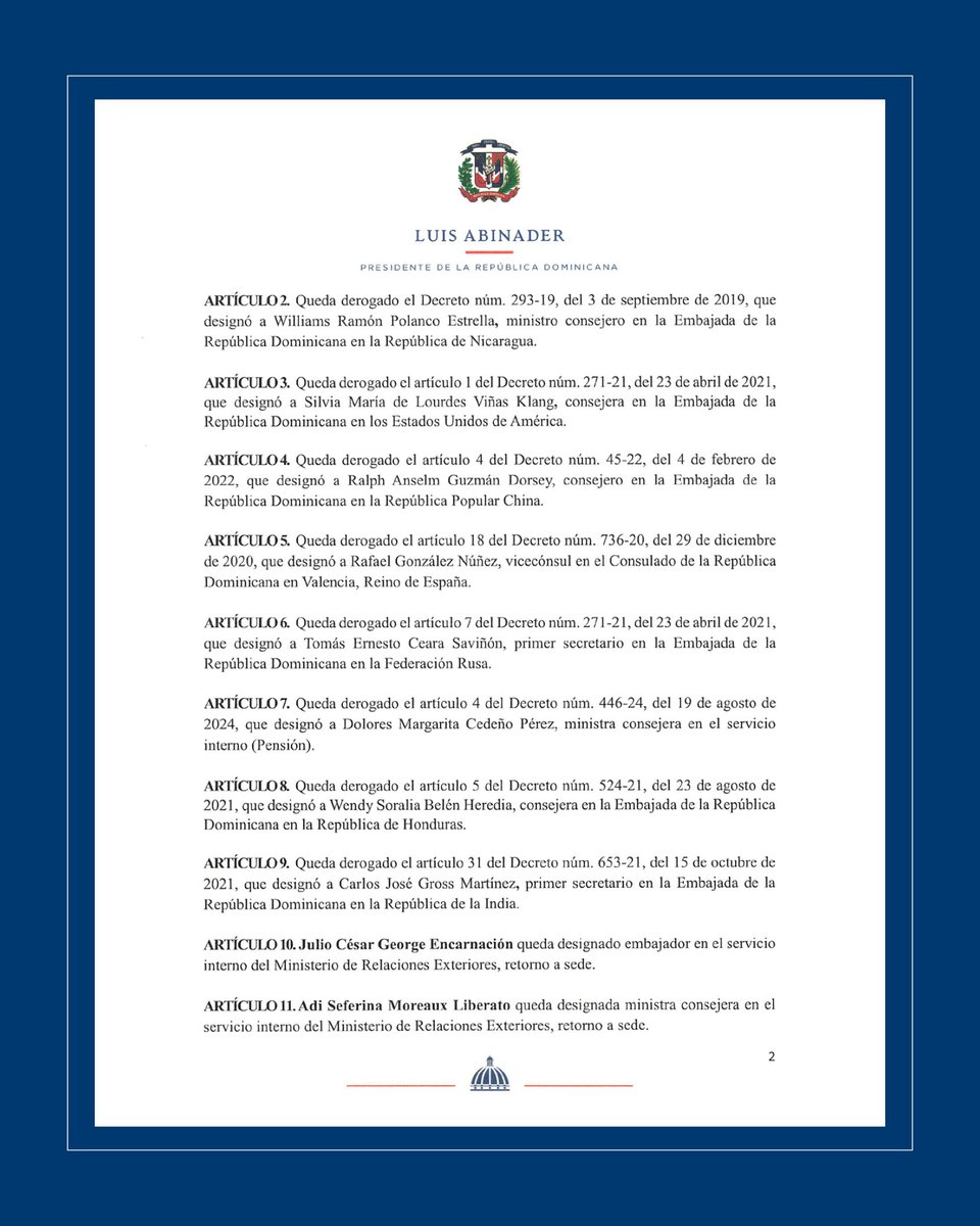 MIREXRD's tweet photo. Nota de prensa: 🗞️

MIREX informa sobre rotación y designación de nuevos funcionarios del servicio exterior al servicio interno y viceversa. 

https://t.co/6gWkyXeLmU https://t.co/4S3n08BTcQ