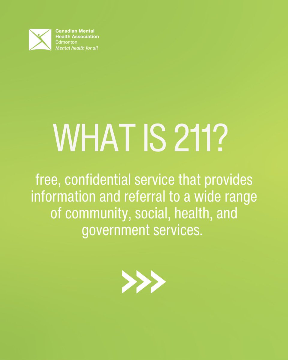 cmhaEdmonton's tweet photo. 2-1-1 is a free, 24/7 service that connects you to local resources for mental health, housing, food, financial aid, and more. Call, text, or chat online anytime—help is just a conversation away. 💚

#211Helps #YouAreNotAlone #MentalHealthMatters https://t.co/AxFhQvQI61