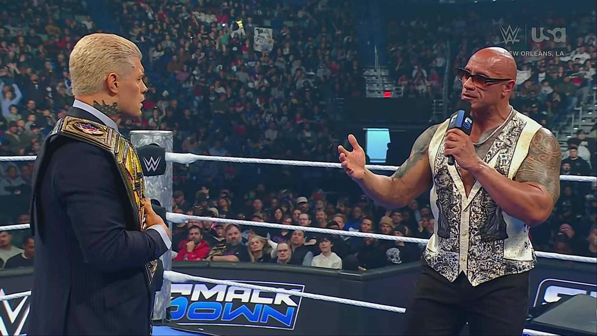 ringsidenews_'s tweet image. #TheRock wants #CodyRhodes to give him his answer if he will be his champion, come Elimination Chamber! Do you think this is best for business? #WWE #SmackDown