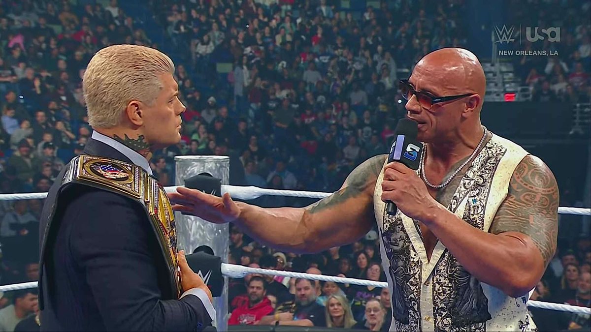 ringsidenews_'s tweet image. #TheRock wants #CodyRhodes to give him his answer if he will be his champion, come Elimination Chamber! Do you think this is best for business? #WWE #SmackDown