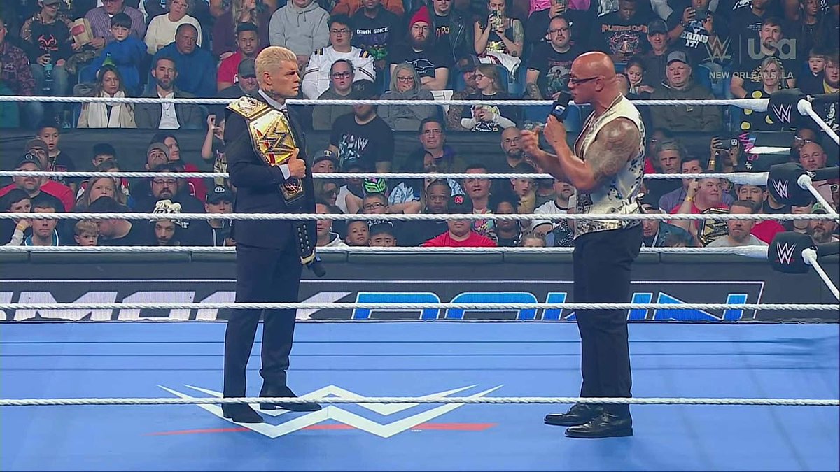 ringsidenews_'s tweet image. #TheRock wants #CodyRhodes to give him his answer if he will be his champion, come Elimination Chamber! Do you think this is best for business? #WWE #SmackDown