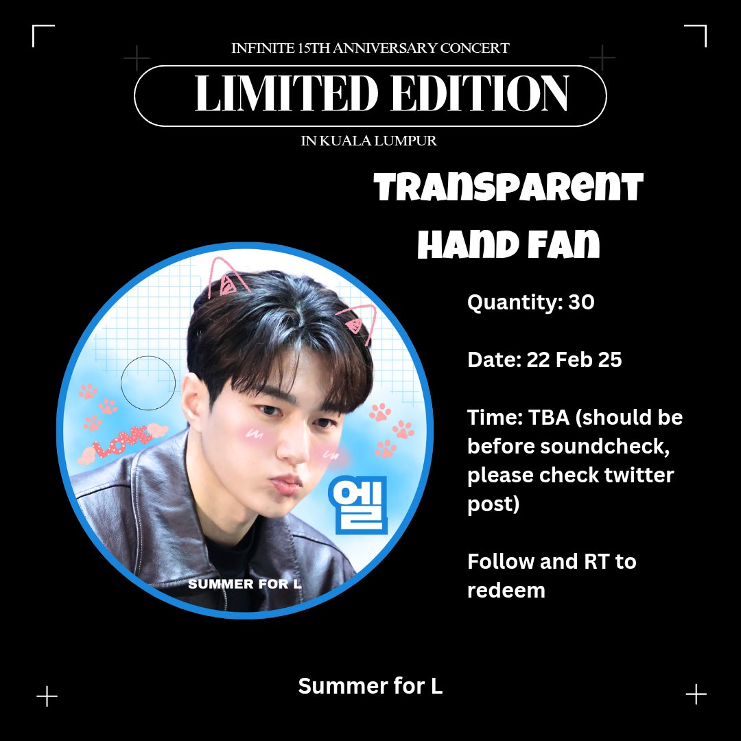 Infinite 15th Anniversary Concert <Limited Edition> in KL Giveaway

Transparent hand fan (last batch)
Quantity: 30 
Follow + RT to redeem 
See you 🥰

#인피니트 #INFINITE #김명수 #엘 #KIMMYUNGSOO #金明洙 #キムミョンス #エル #INFINITEinKL #INFINITEinMY