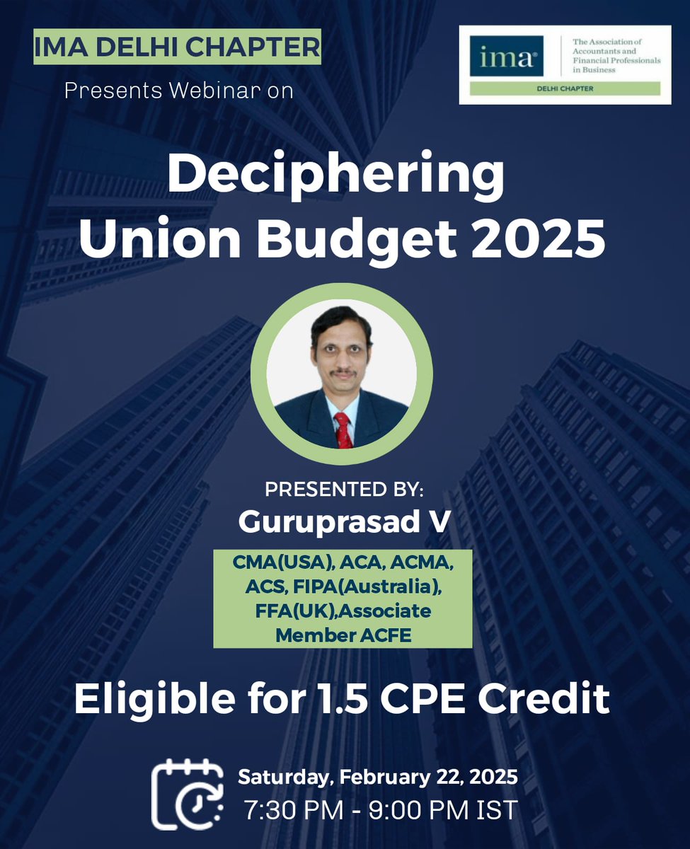 imadelhichapter's tweet photo. Schedule:   
February 22, 2025(Saturday)   
19:30 to 21:00 IST  
18:00 to 19:30 GST  
10:00 to 11:30 EDT  
 
Registration link:  https://t.co/KFCuN9aFo2

Note: Your complete attendance at the webinar and responses to all poll questions will make you eligible for 1.5 CPE Credits. https://t.co/GWrpCrviGp
