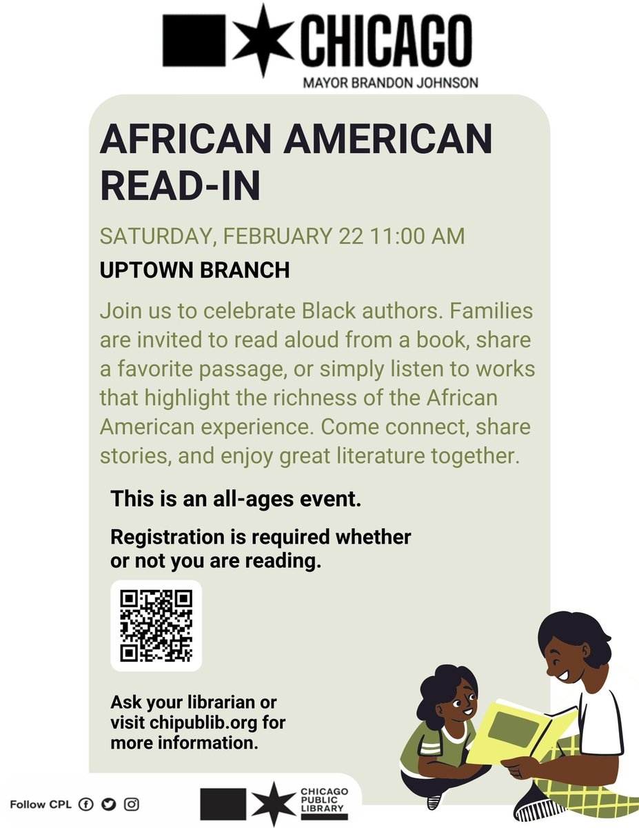 Celebrate Black History Month with me tomorrow at Chicago Public Librarys Uptown Branch! 📚✨

Join the African American Read-In! Share a passage, read a book, or just listen. 🙌🏾 Bring your own or choose from our books. 📖
👉 Tag a friend &amp; join the celebration! 🌟  #Chicago #BHM