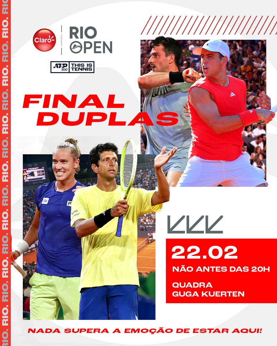 A Quadra Guga Kuerten vai ferver 🔥 

O duelo 🇧🇷 Brasil x Espanha 🇪🇸 decide o título de duplas do Rio Open: Rafa Matos e Marcelo Melo tentam ser a primeira dupla 100% brasileira a levar o troféu em final contra Jaume Munar e Pedro Martinez!

#RioOpen