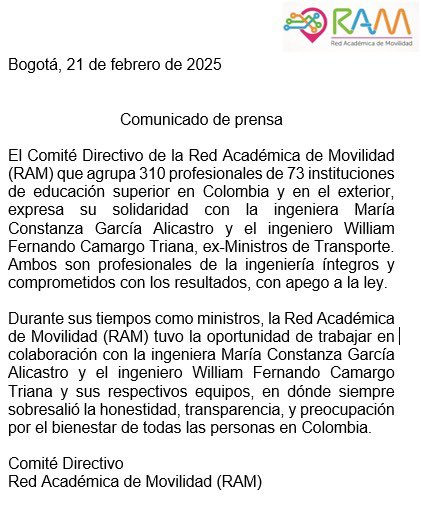 Comunicado Comité Directivo RAM - Solidaridad con la ingeniera  <a href="/Maria_Constanz_/">María Constanza García Alicastro</a>  y el ingeniero <a href="/wcamargotriana/">William Camargo Triana.</a> ex ministros @MinTransporte