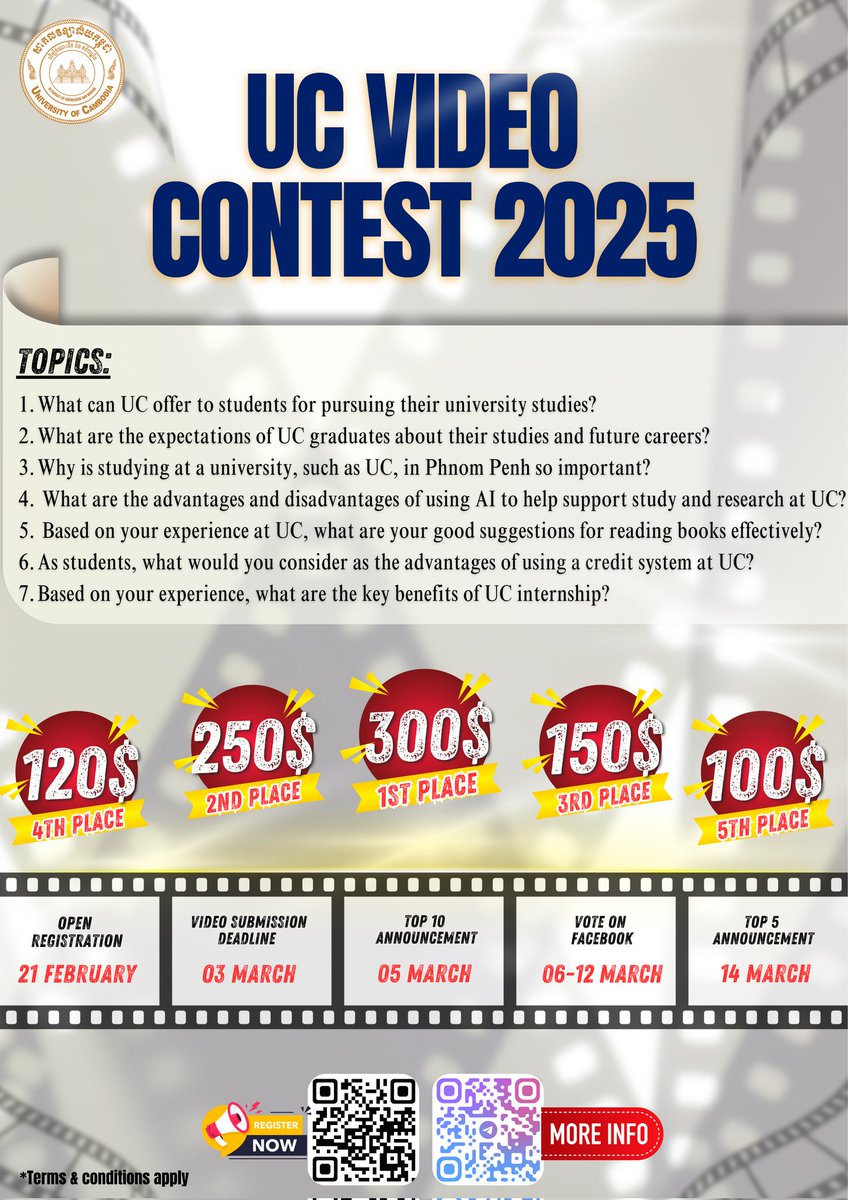 UCCambodia's tweet image. UC Video Contest 2025 for all UCers. 📣📣📣

To register: [ forms.gle/SKcMNs4FzyyoHJ…​ ]
For more information, please contact us via Telegram: 016 861 623.

#TheUniversityofCambodia
#UCCambodia #SSLDC
#StudywithConfidenceAtUC
