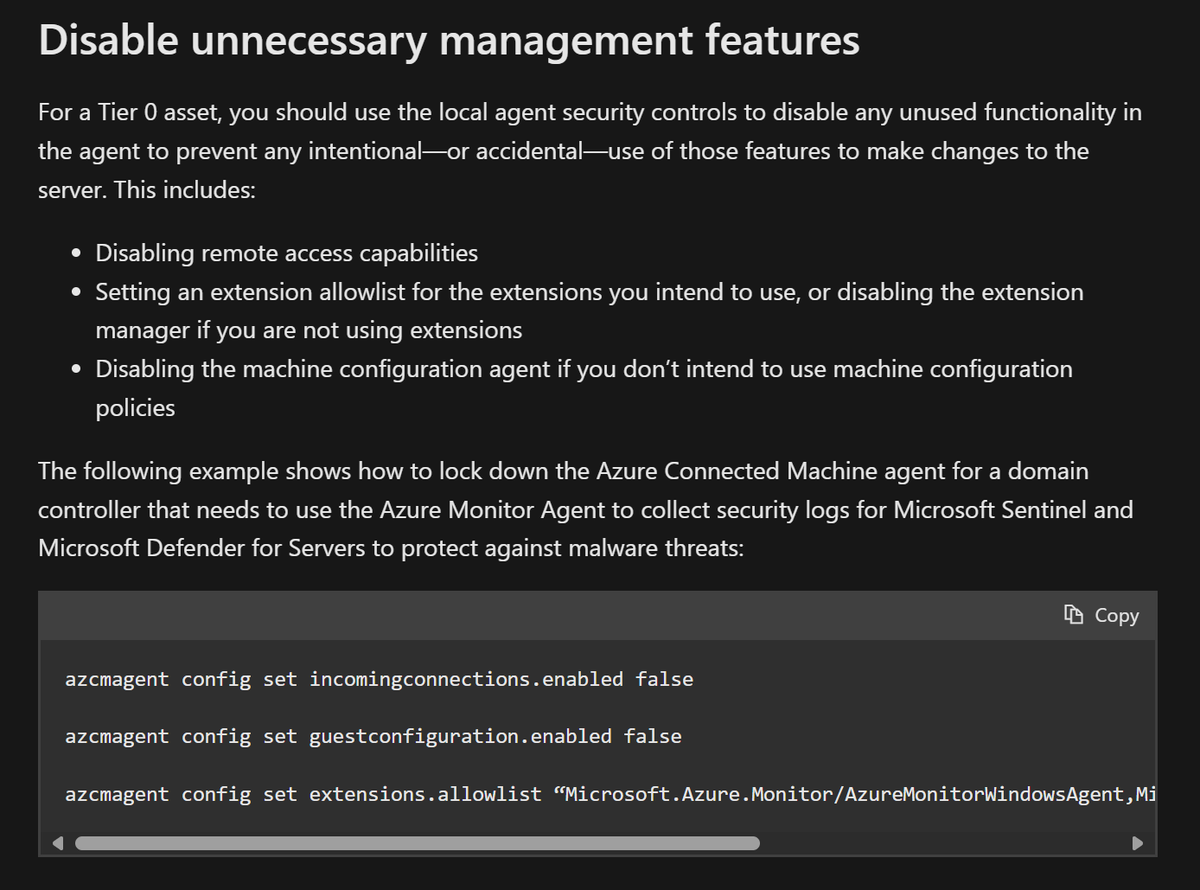 A very common mistake I see for those newer to Azure and Arc is not understanding the risk associated with permissions in Azure and privilege escalation paths to Arc enabled servers

It's a good idea to consider locking down Arc to only what you need ;)

learn.microsoft.com/en-us/azure/az…