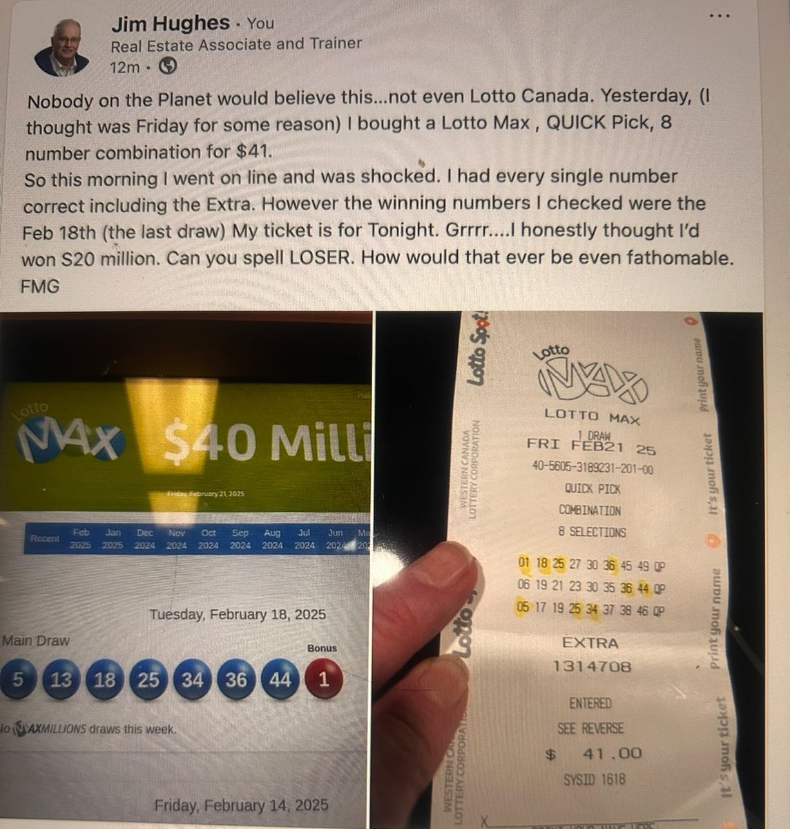 Lotto players, what are the Odds of this actually happening? I bought a $20 million Quick pick ticket …… TWO days  late……look at the dates on the tickets.  (All under the toothless Grin of ‘Lady Luck’ ) 
Has anybody else got a sadder story ….?? 😭 😭 😭