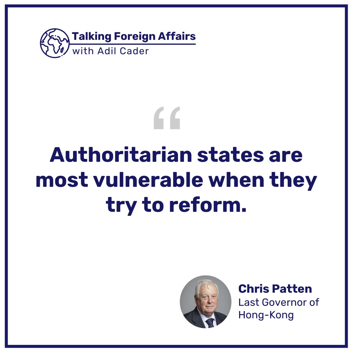 TFAwithAdil's tweet photo. Watch our full interview with the last Governor of Hong Kong : https://t.co/rDH2VOCWRw 

Talking Foreign Affairs with Adil Cader - incubated by MTI Consulting.

#TalkingForeignAffairswithAdilCader #ChrisPatten #Reformation https://t.co/WA8Bg8hDg8