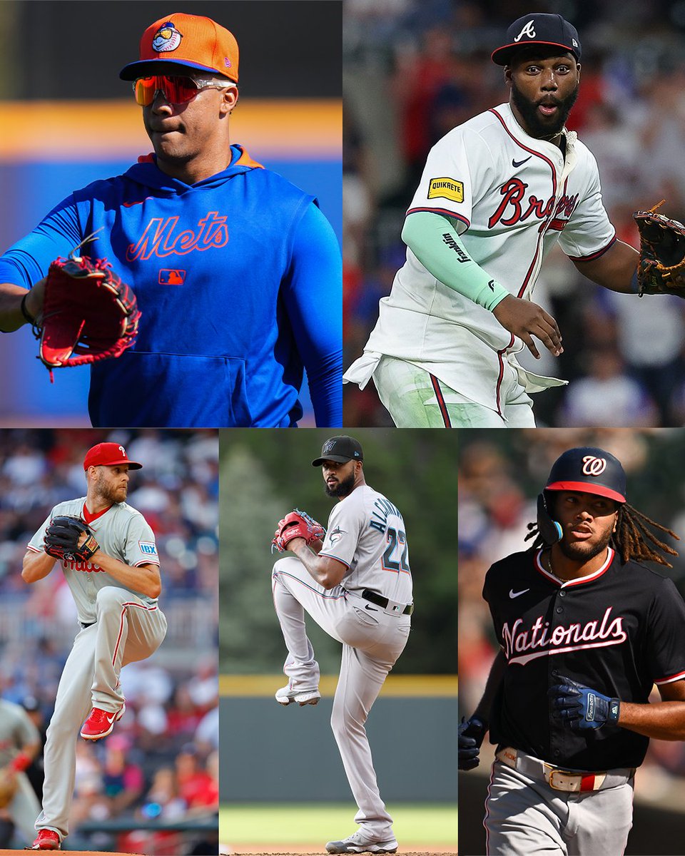 MLB's tweet photo. NL East projected WAR leaders by team:

Mets, Juan Soto: 6.5 WAR
Braves, Michael Harris II: 5.0 WAR
Phillies, Zack Wheeler: 4.8 WAR
Marlins, Sandy Alcantara: 3.3 WAR
Nationals, James Wood: 3.1 WAR https://t.co/s0wZIWQDhR