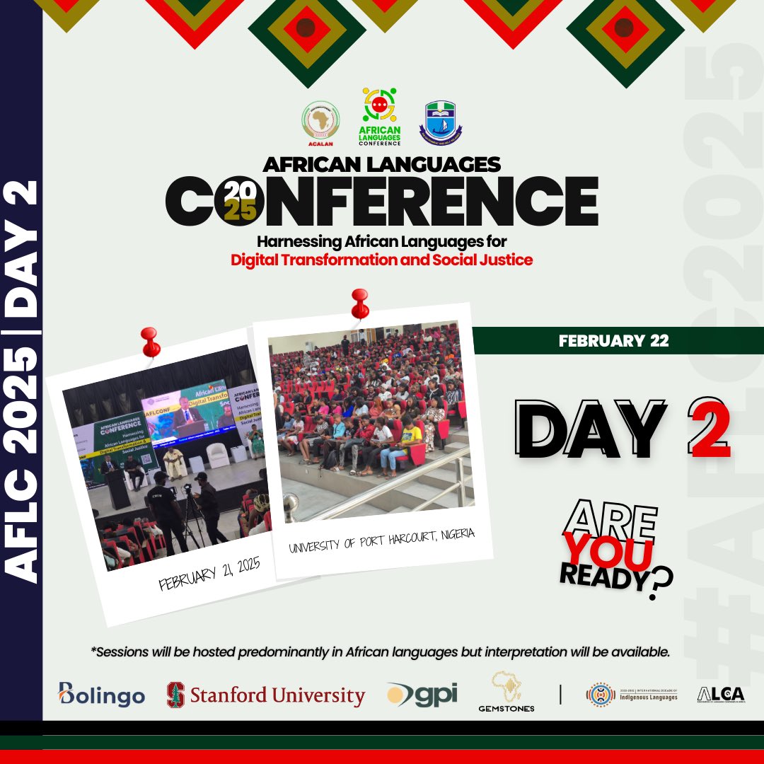 🌍 Day 1 of #AFLC2025 was a success! Now, on to DAY 2!

🚀 Join us for powerful sessions on #AI, #DigitalInclusion &amp; language justice starting at 10:00 a.m. UTC.

Interpretation available to ensure #Accessibility for all.

Register now: shorturl.at/Lgzh3

#AfricanLanguages