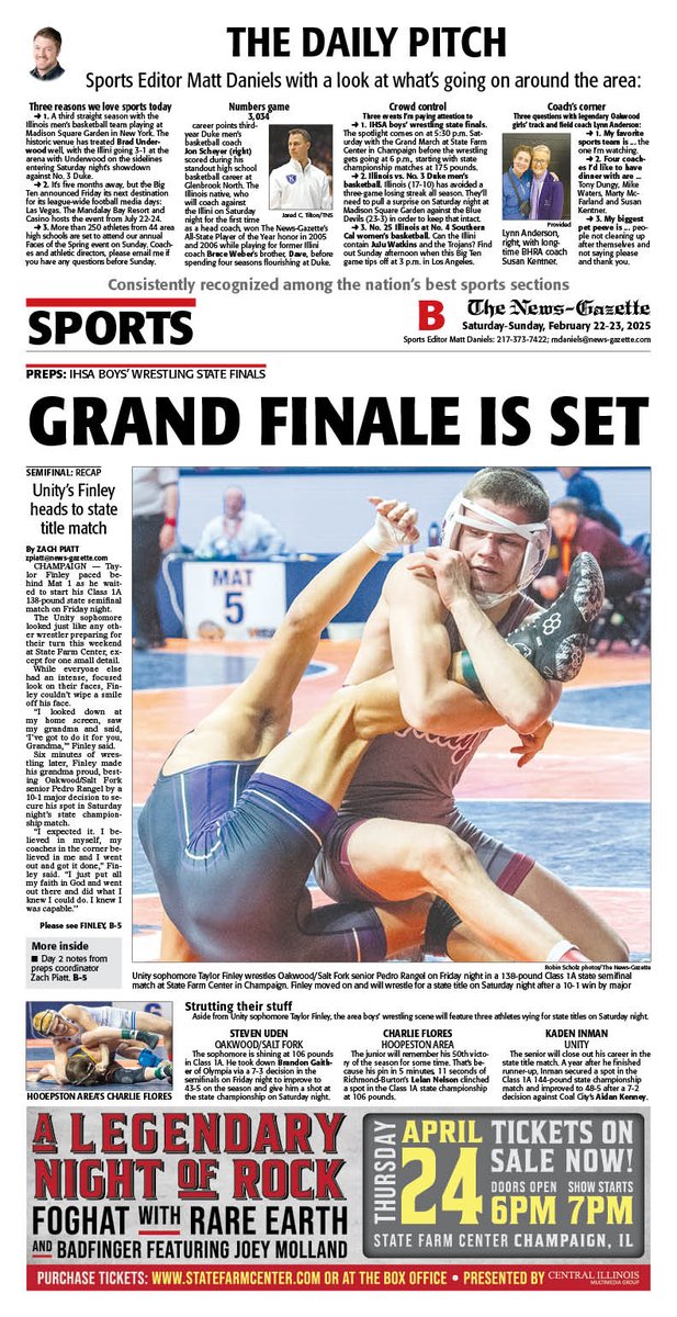 News-Gazette Preps (@ngpreps) on Twitter photo Saturday's N-G sports cover features <a href="/zachpiatt13/">Zach Piatt</a> on <a href="/UnityRockets/">Unity Rockets</a> wrestler Taylor Finley reaching state championship match, plus <a href="/mdaniels_NG/">Matt Daniels</a> on IHSA state wrestling tournament along with his latest Daily Pitch.
<a href="/APSE_sportmedia/">APSE</a>
<a href="/ngphotostaff/">News-Gazette Photo</a> Saturday's N-G sports cover features <a href="/zachpiatt13/">Zach Piatt</a> on <a href="/UnityRockets/">Unity Rockets</a> wrestler Taylor Finley reaching state championship match, plus <a href="/mdaniels_NG/">Matt Daniels</a> on IHSA state wrestling tournament along with his latest Daily Pitch.
<a href="/APSE_sportmedia/">APSE</a>
<a href="/ngphotostaff/">News-Gazette Photo</a>