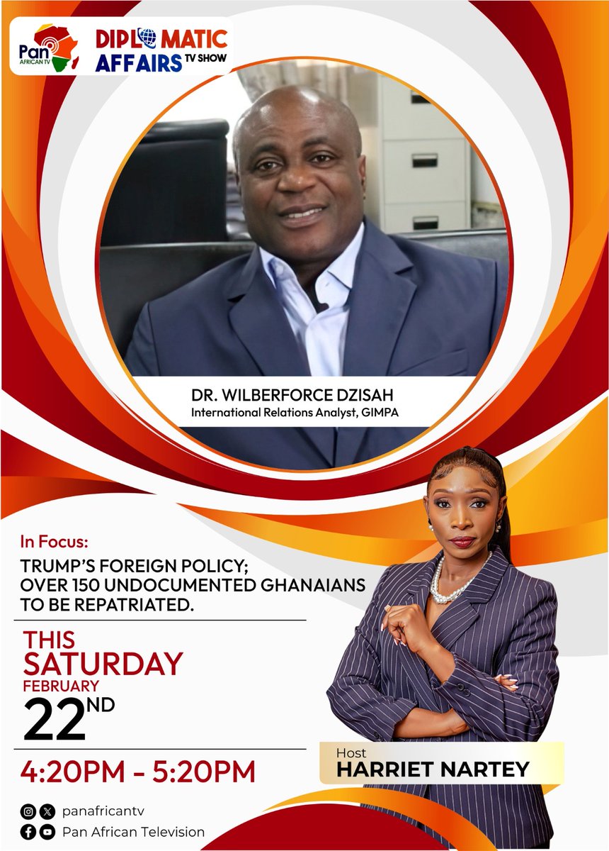 Diplomatic Affairs Ghana (@datvghana) on Twitter photo Join <a href="/naakie15/">Harriet Nartey</a> and Dr. Wilberforce Dzidah (GIMPA) as they unpack Trump’s foreign policy and the repatriation of 150 undocumented Ghanaians. Watch live at 4:20PM on <a href="/panafricantv/">Pan African TV</a> <a href="/datvghana/">Diplomatic Affairs Ghana</a> #TrumpForeignPolicy #Ghana #Repatriation Join <a href="/naakie15/">Harriet Nartey</a> and Dr. Wilberforce Dzidah (GIMPA) as they unpack Trump’s foreign policy and the repatriation of 150 undocumented Ghanaians. Watch live at 4:20PM on <a href="/panafricantv/">Pan African TV</a> <a href="/datvghana/">Diplomatic Affairs Ghana</a> #TrumpForeignPolicy #Ghana #Repatriation