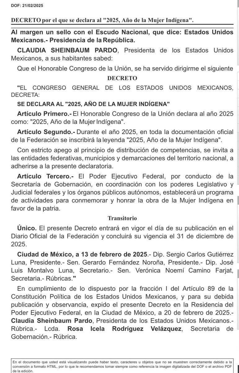 Se publica en el DOF el decreto por el que se declara al "2025, Año de la Mujer Indígena".