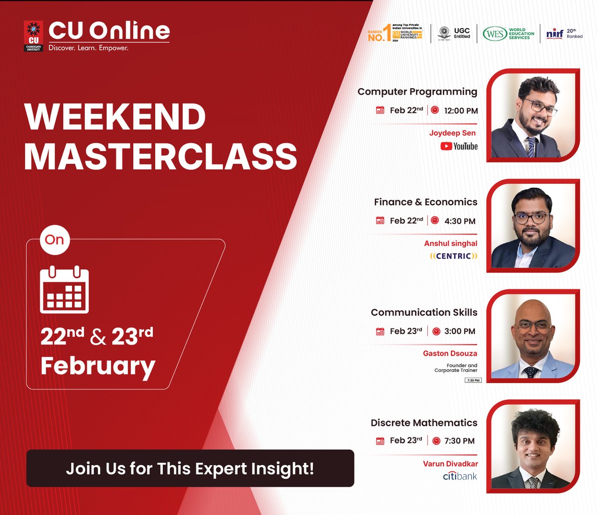 CULearnOnline's tweet image. 🎯 Weekend Masterclass – Online BCA 🎯

Enhance your knowledge with industry experts! 🚀

📅 22nd &amp;amp; 23rd February

Don&apos;t miss this chance to level up your skills! 🔥
#WeekendMasterclass #TechLearning #ExpertInsights
#ChandigarhUniversityOnline #ChandigarhUniversity #OnlineCU