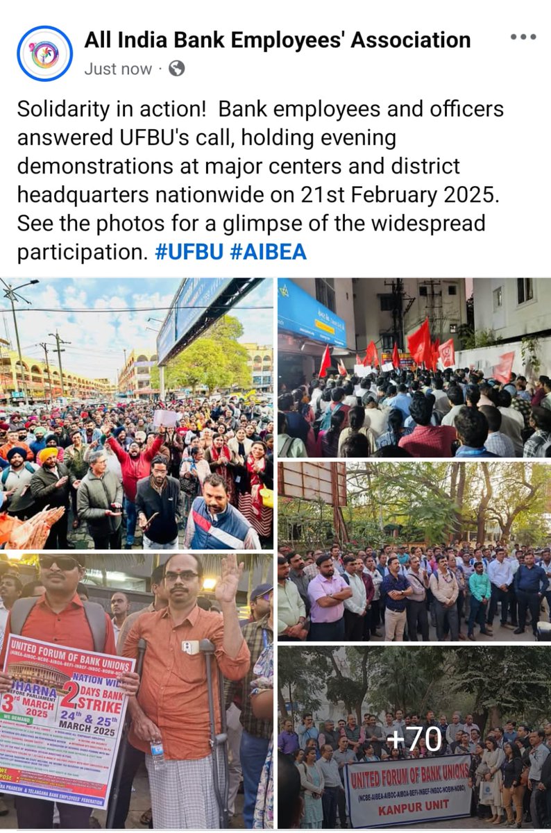 facebook.com/share/p/14MJwW…

☝️Solidarity in action!  Bank employees and officers answered UFBU's call, holding evening demonstrations at major centers and district headquarters nationwide on 21st February 2025.  See the photos for a glimpse of the widespread participation. #UFBU