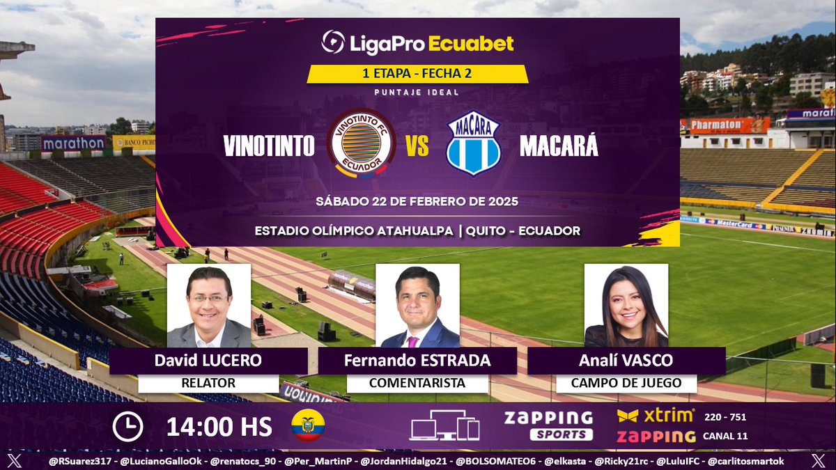 ⚽ #LigaProEcuabet 🇪🇨 | #Vinotinto vs. #Macará 
🎙 Relator: <a href="/dlucerodeportes/">David Lucero</a> 
🎙 Comentarista: <a href="/ferestradao/">Fernando Estrada</a>
⛳️ Campo de juego: <a href="/AnaliVasco/">Anali Vasco</a>
📺 #ZappingSports 🇪🇨 (220-751 en #Xtrim)
💻📱 <a href="/zapping_ecu/">Zapping Ecuador</a> 🇪🇨
🤳 #AquíEstáElFútbol
Dale RT 🔃