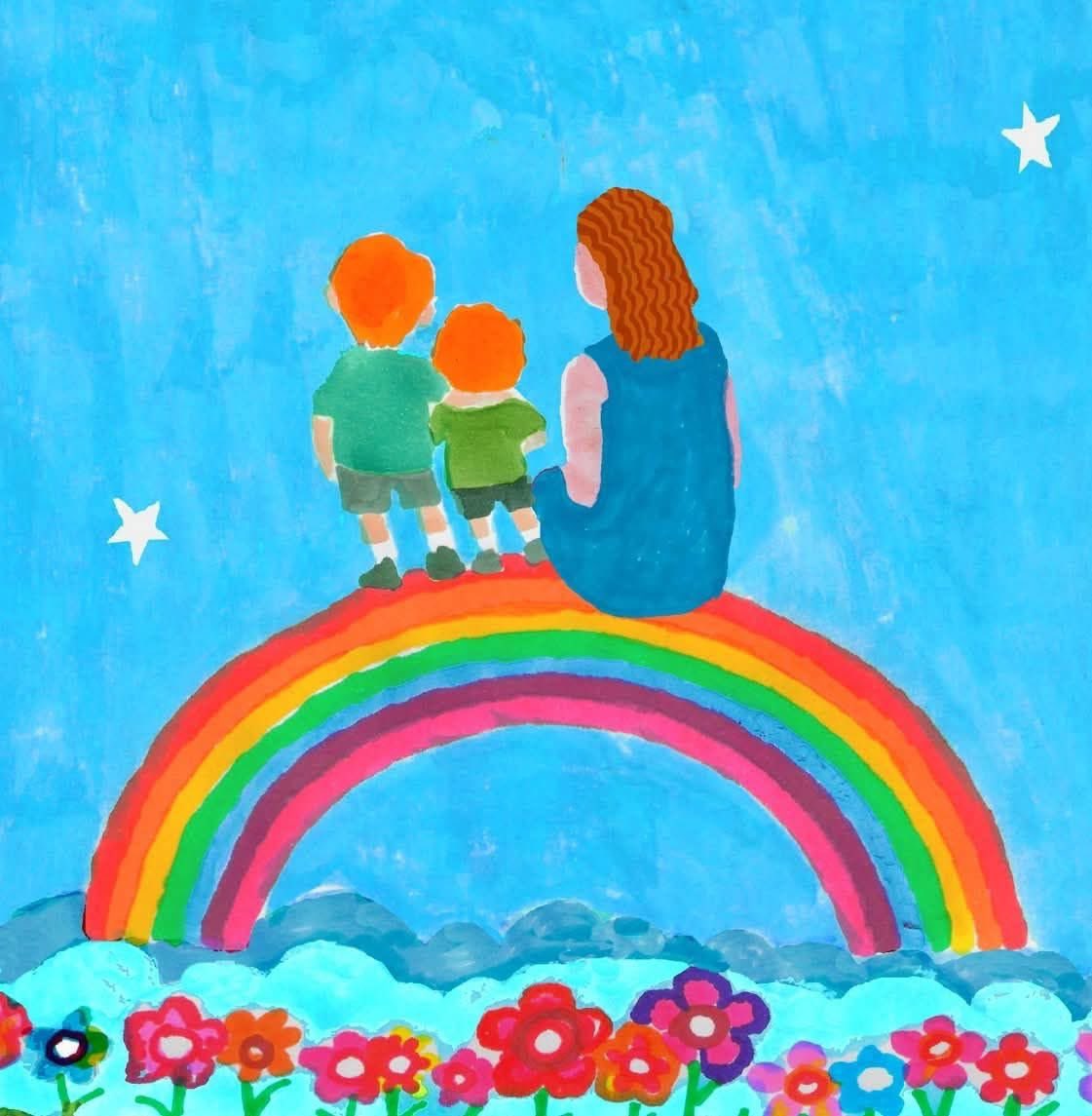 Ostrov_A's tweet photo. I don’t know who the artist is, but this is just beautiful and heartbreaking. Shiri Bibas, with her two little red-haired angles, Kfir and Ariel, on top of a rainbow 😢 💔 https://t.co/ANolJ1kFgp