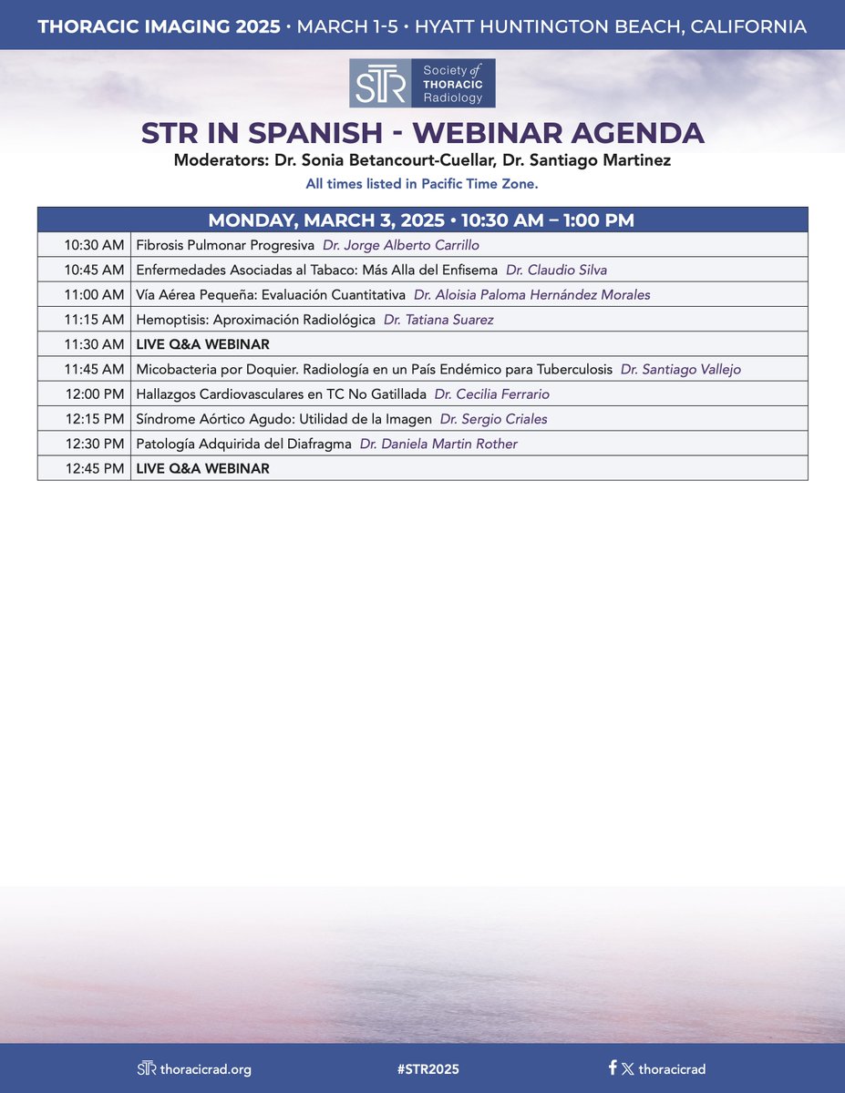 radiologiatorax's tweet photo. ¿Sabías que #STR2025 incluirá un webinar en español? Un programa de lujo con excelentes expertos en radiología torácica y actualizaciones para tu práctica diaria.

Fecha: 3 de Marzo
Precio: GRATIS

Inscripción: https://t.co/QR6rafF475 

#radres #chestrad https://t.co/NEUGVyD7QI