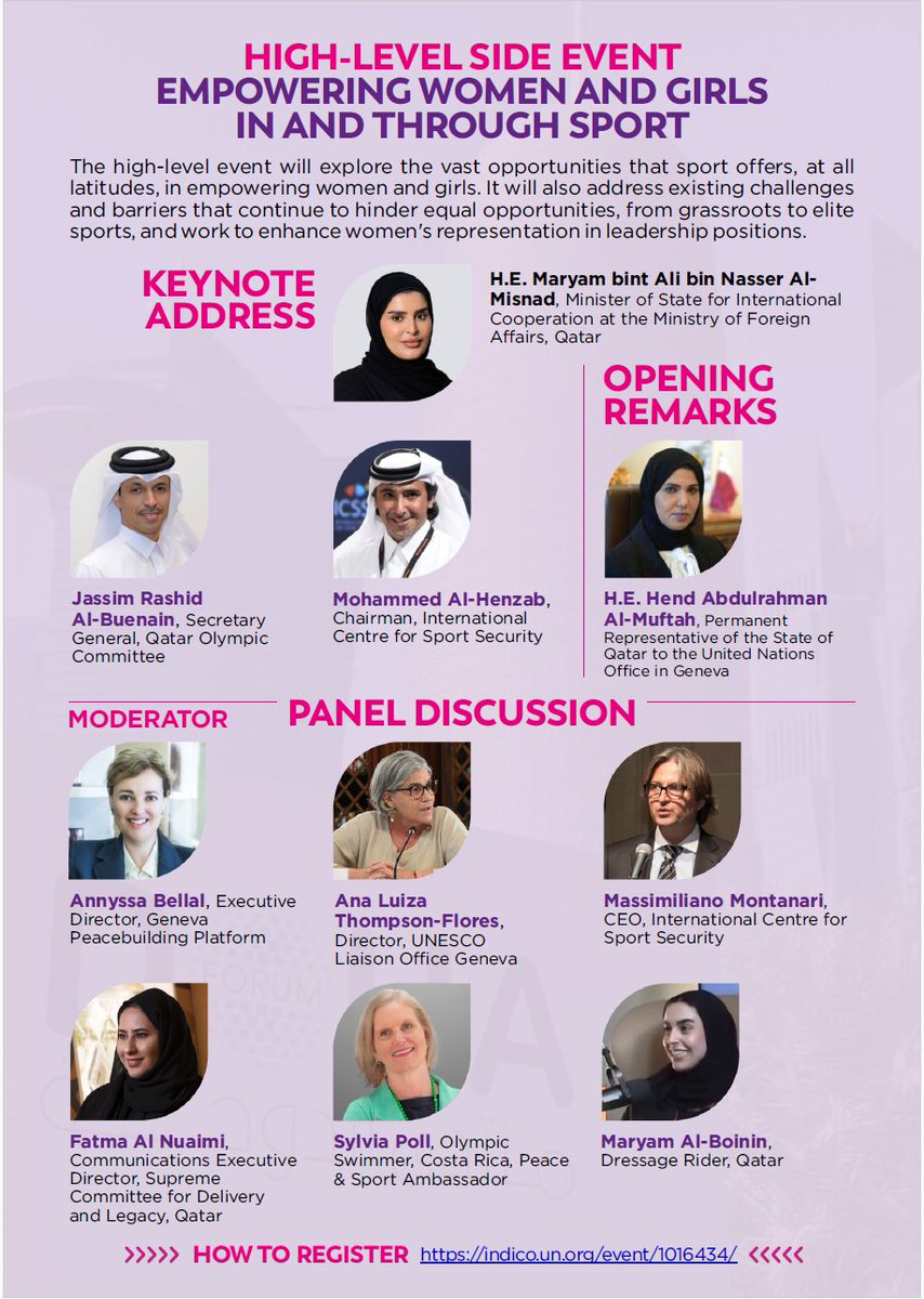 Honored to assist the The Permanent Mission of the State of Qatar <a href="/QatarMission_Ge/">Qatar Mission Geneva</a> to <a href="/UNGeneva/">United Nations Geneva</a> in the promotion of a global agenda to empower women and girls in and through sport jointly with <a href="/qatar_olympic/">Team Qatar 🇶🇦</a> <a href="/QF/">Qatar Foundation</a> <a href="/DohaForum/">Doha Forum</a> <a href="/MediacityQa/">Media City Qatar</a>    and Geneva Peacebuilding Platform