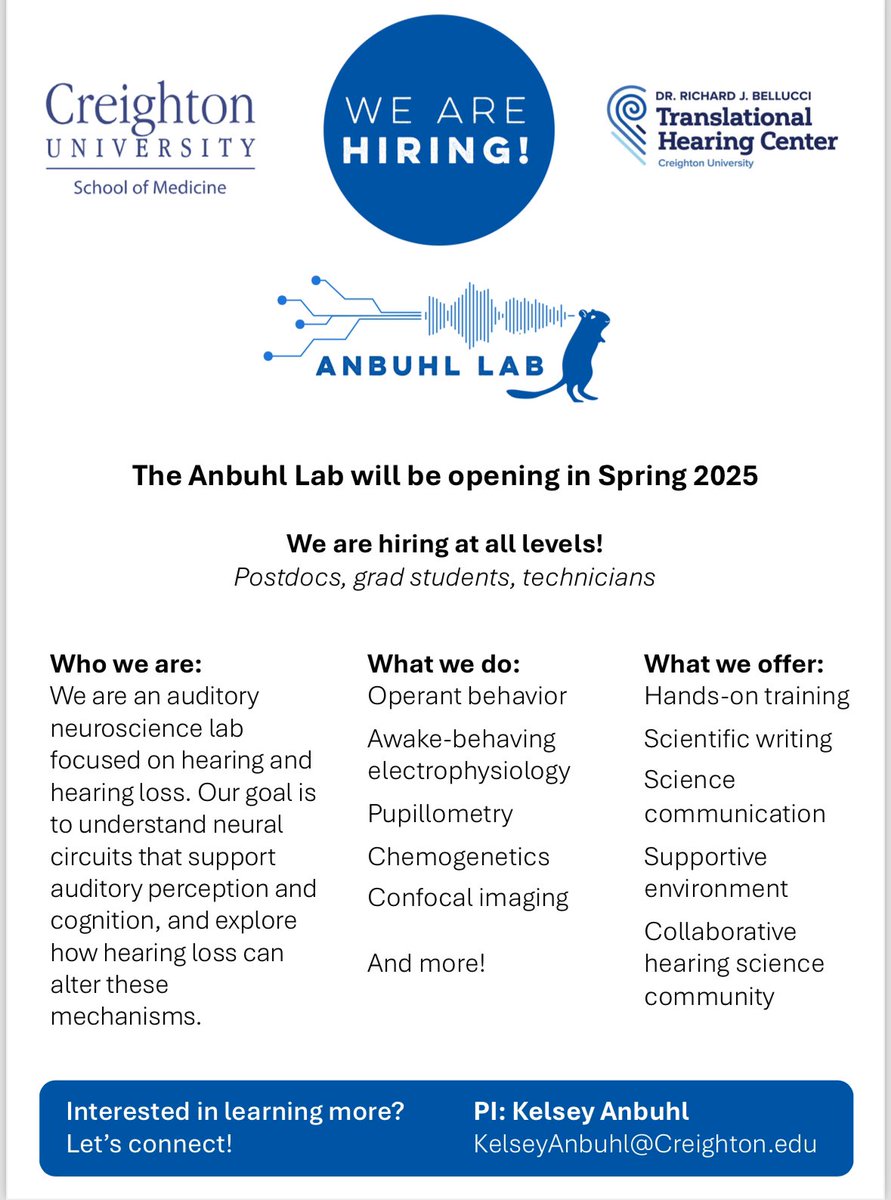 🎉 The Anbuhl Lab is hiring! 🎉 We are looking to recruit team members across all levels to explore hearing and hearing loss. Interested? Let’s connect!

If you’re attending #ARO2025, I’m here—happy to chat! 👂