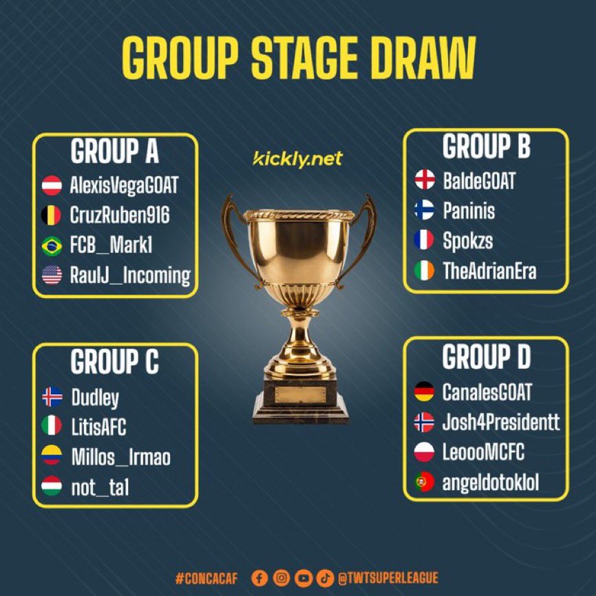 🚨 THE GROUPS HAVE BEEN SORTED

THE GROUP STAGE WILL BE PLAYED SATURDAY FEBRUARY 22ND AND THE FINALS WILL BE ON SUNDAY FEBRUARY 23RD 🔥

WHO DO YOU THINK WILL LEAVE WITH THE PRIZE MONEY?! 👀🤑 LET US KNOW BELOW ⬇️