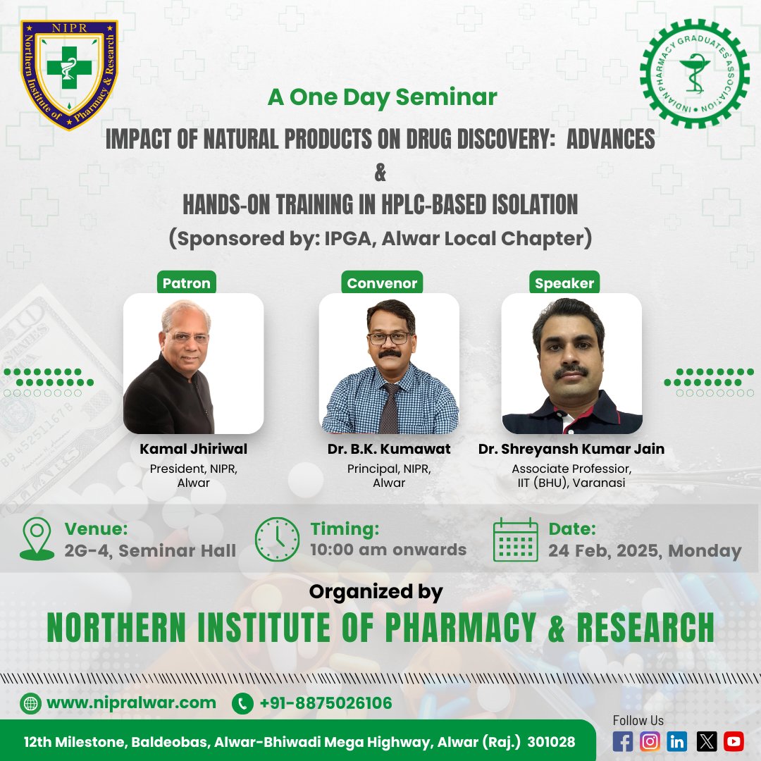 nipr_alwar's tweet image. Dive into the world of pharmaceutical innovation! NIPR College proudly presents a one-day seminar on Impact of Natural Products on Drug Discovery: Advances &amp;amp; Hands-on Training in HPLC-Based Isolation.
nipralwar.com
#PharmaInnovation #DrugDiscovery #HPLCTraining