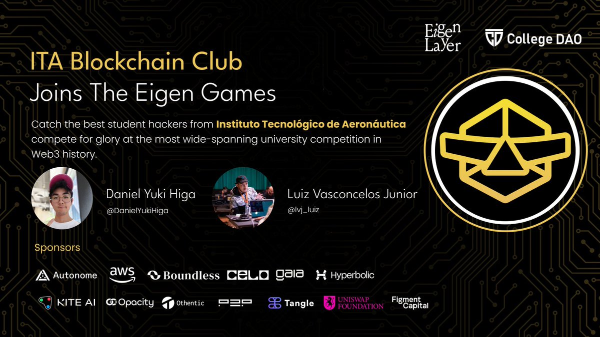 BuildOnEigen (@buildoneigen) on Twitter photo Announcing our 36th University Tributes:
<a href="/DanielYukiHiga/">Daniel Yuki</a> and <a href="/lvj_luiz/">Luiz</a> from <a href="/ITA_Blockchain/">ITA Blockchain Club</a> have entered the Eigen Games arena… Announcing our 36th University Tributes:
<a href="/DanielYukiHiga/">Daniel Yuki</a> and <a href="/lvj_luiz/">Luiz</a> from <a href="/ITA_Blockchain/">ITA Blockchain Club</a> have entered the Eigen Games arena…