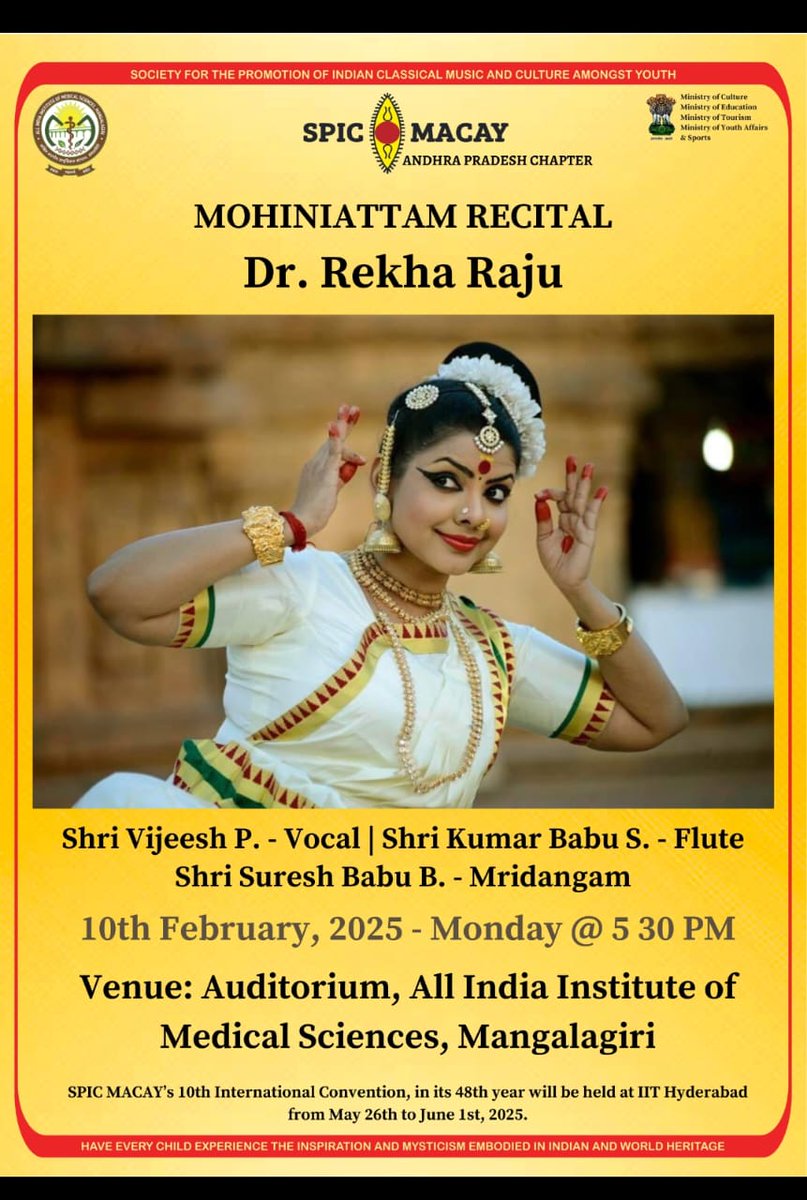 mangalAiimsAP's tweet image. AIIMS Mangalagiri Cultural Committee has inaugurated #SPICMACAY on 10.02.25. Classical dance was performed by the renowned Dr. Rekha Raju (Yuva Kala Bharathi Awardee) accompanied by live music. Classical instrumental by students Mr. Arjun &amp;amp; Miss Aditi Ramesh.
@MoHFW_INDIA