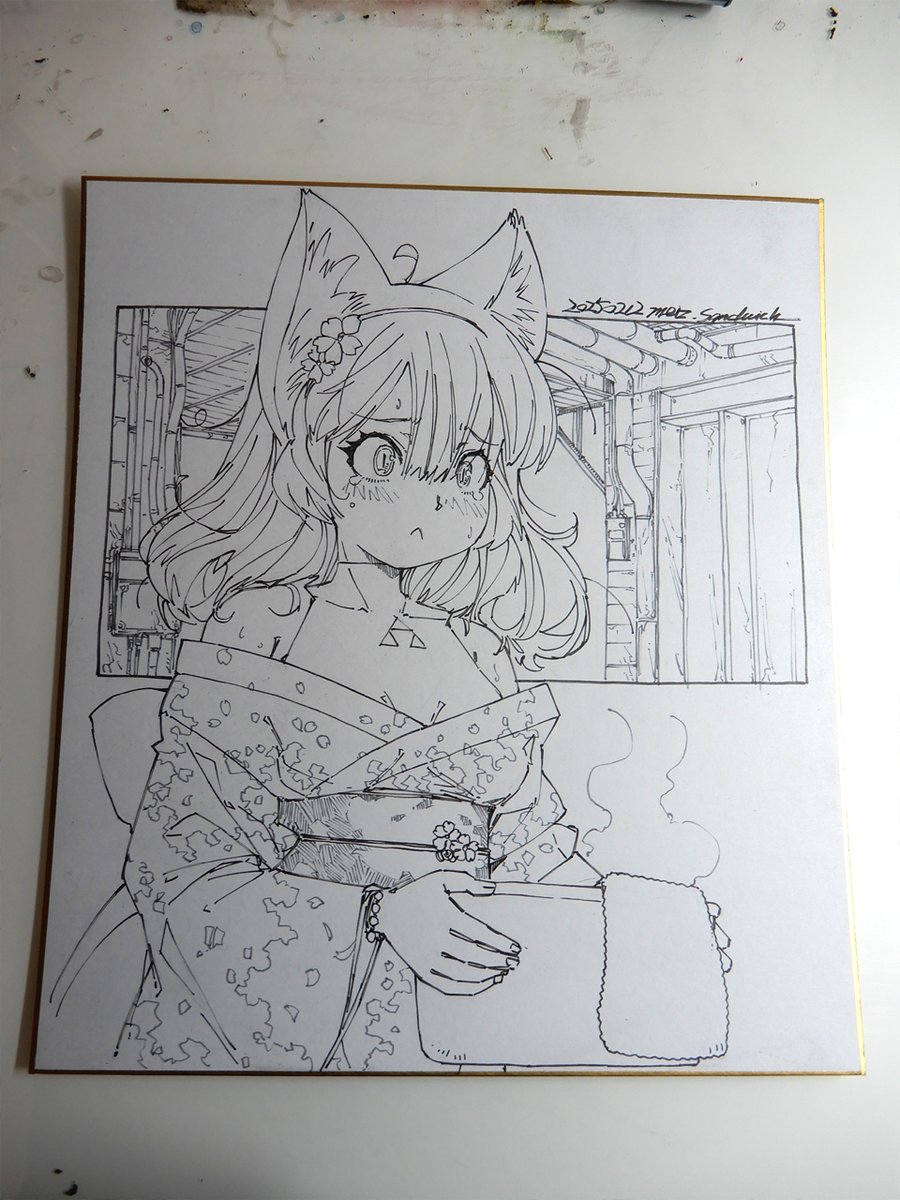 線画。着物の柄も描き込んでいます。 