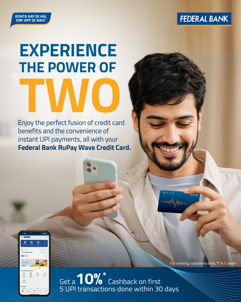 FederalBankLtd's tweet image. Elevate your payment experience with the Federal Bank RuPay Wave Credit Card! Combine the perks of a credit card with seamless UPI transactions

Visit: federalbank.co.in/rupay-wave-cre… to know more.

#FederalBank #FederalBankWaveCreditCard #RuPay