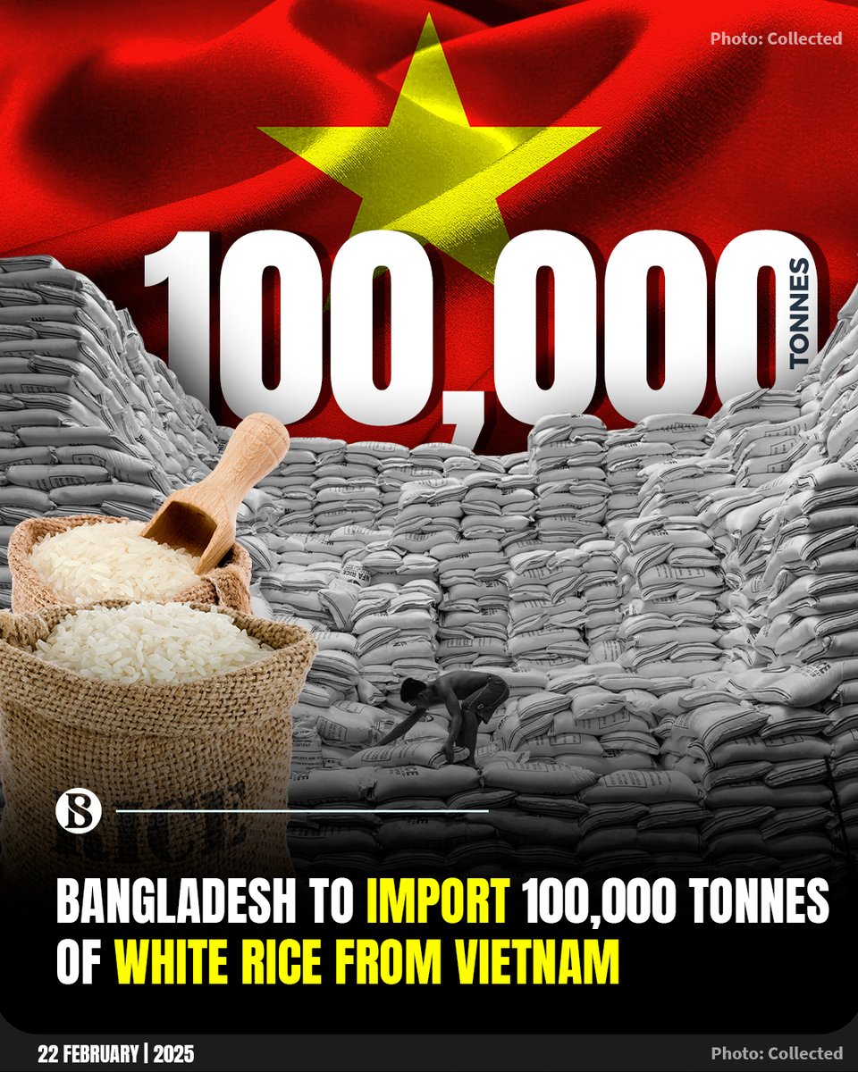 tbsnewsbd's tweet photo. Bangladesh has signed a contract to import 100,000 tonnes of white rice from Vietnam in order to stabilise and meet the demand of the domestic food market.
Link in Comments
#riceimport #vietnam #whiterice #TBSnews https://t.co/S7wnt9royD