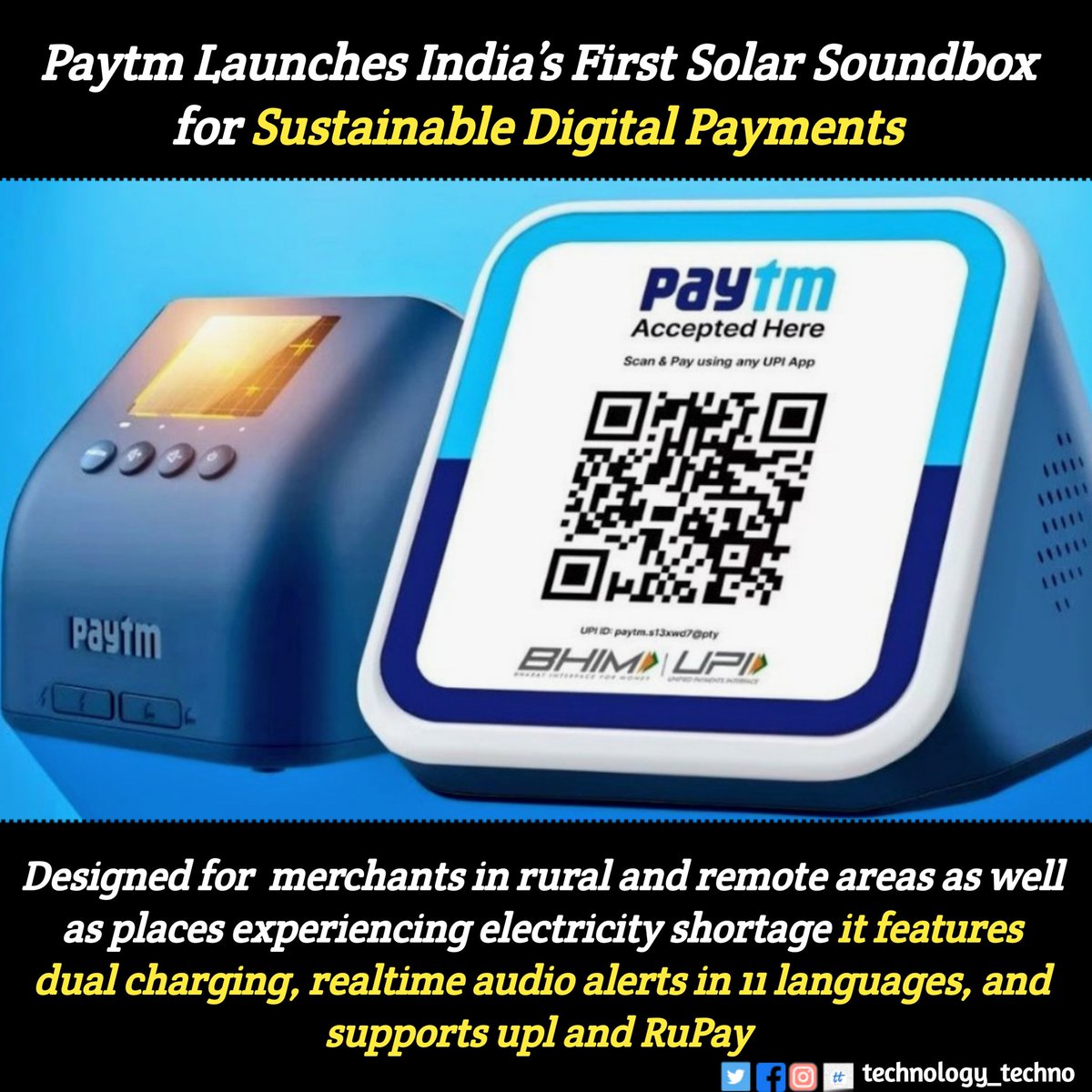 ttn_tech's tweet photo. Paytm Launches India’s First Solar Soundbox for Merchants
#Paytm #paytmsoundbox #scanandpay #ttn_news https://t.co/P94XnBNrA5