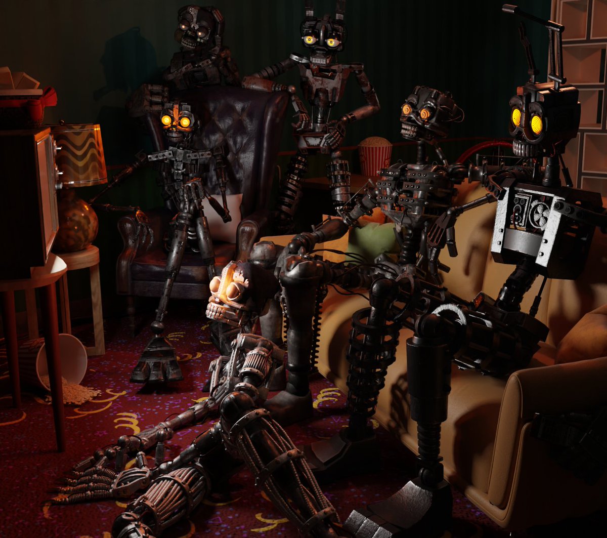 HystericalPanda's tweet photo. Mimic hangout
Models by @Spade8192, @NolanB3D, @craftedd1, myself, @GoldenAdrienYT did some texures, and of course, Steel Wool with ports by me
#FNAF #SOTM #fivenightsatfreddys #mimic #b3d https://t.co/XfqjAZ9pUO