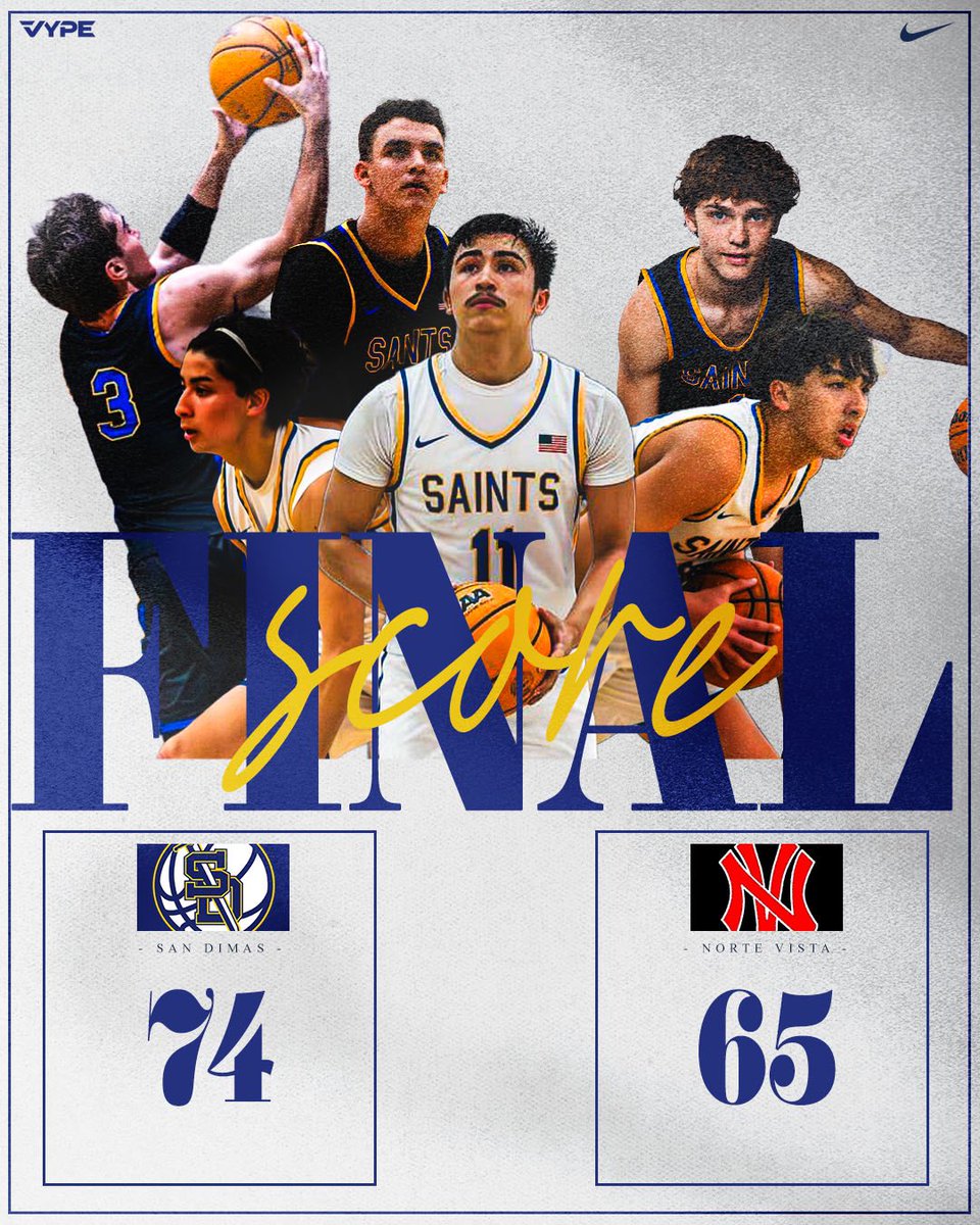 🏆 SAINTS WIN 🏆 
San Dimas 74 Norte Vista 65

‘25 N. Yearout 17 pts
‘26 A. Diep 17 pts
‘27 J. Garzon 16 pts

Next Game: CIF Championship, TBA