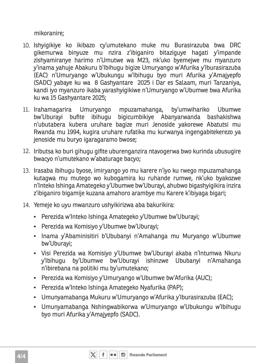 UMWANZURO W’INTEKO ISHINGA AMATEGEKO Y’U RWANDA KU
KIBAZO CY’UMUTEKANO MUKE MU BURASIRAZUBA BWA
REPUBULIKA IHARANIRA DEMOKARASI YA KONGO NO KU
MWANZURO W’INTEKO ISHINGA AMATEGEKO Y’UBUMWE
BW’UBURAYI (2025/2553(RSP)) WO KU WA 13 GASHYANTARE 2025