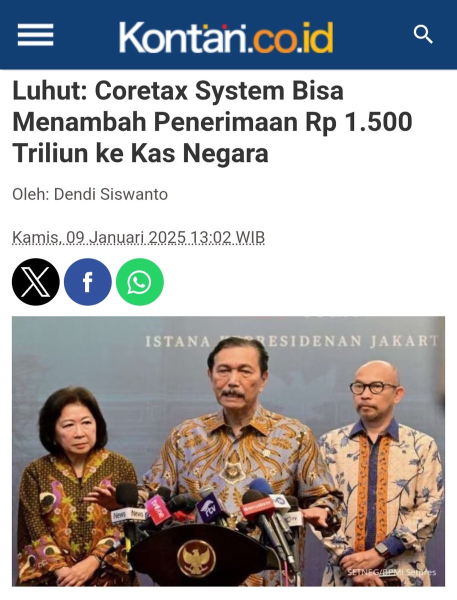 ferizandra's tweet photo. Berita 1 :
Luhut : Coretax System bisa menambah penerimaan Rp. 1.500 triliun ke Kas Negara...

Berita 2 :
Cegah penerimaan turun, Ditjen Pajak dan Komisi IX DPR sepakat pakai sistem pajak lama...

Jadi Coretax ini udah menghabiskan Rp. 1,2 triliun dalam pembuatannya, tapi sampe 40 hari masih error aja dan akhirnya disepakati untuk kembali ke sistem pajak yang lama...

Terus bagaimana pertanggung jawabannya...? 🤔
