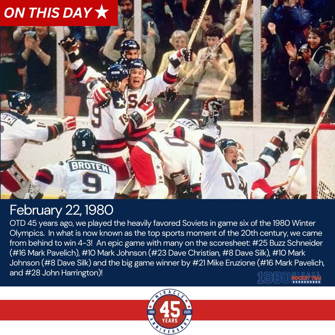 Do you Believe in Miracles?! YES!

OTD 4️⃣5️⃣ years ago, we played the heavily favored Soviet team and won 4-3! Hard to believe it was 45 years ago today!

Happy Miracle on Ice Day!  🏒🏅🇺🇸

#OTD #LakePlacid #Olympics #MiracleOnIce #1980MiracleTeam #1980Gold #RoadToGold #45years