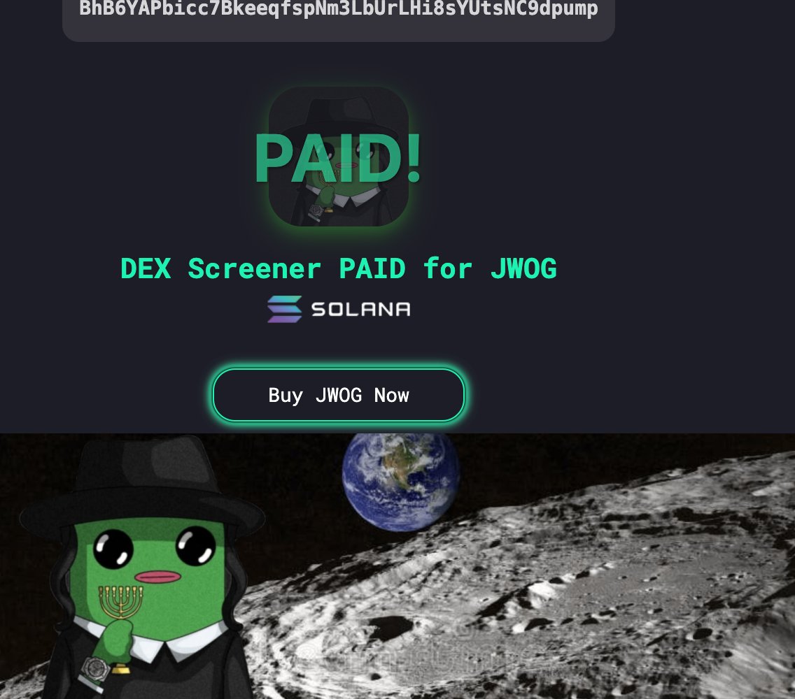 JWOGsol's tweet photo. dex paid🐸✅

jew 2 to da moon $jwog 🚀 https://t.co/9jFnrJ2BWm