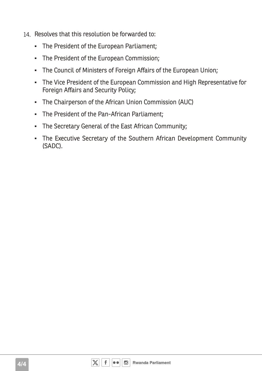 RESOLUTION OF THE PARLIAMENT OF RWANDA ON THE SECURITY SITUATION IN THE EASTERN DEMOCRATIC
REPUBLIC OF CONGO AND ON THE EUROPEAN PARLIAMENT
RESOLUTION (2025/2553 (RSP)) OF 13 FEBRUARY 2025