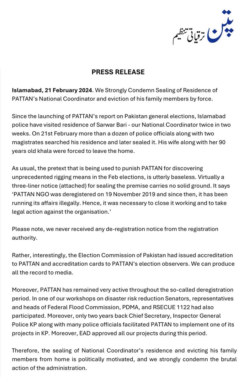 alinashigri's tweet image. “You can silence a man, but the truth will echo through generations”

Following Pattan's recent audit report on #Elections2024 that uncovered 64 new methods of manipulation and fraud committed by authorities, the residence of Sarwar Bari, National Coordinator of Pattan