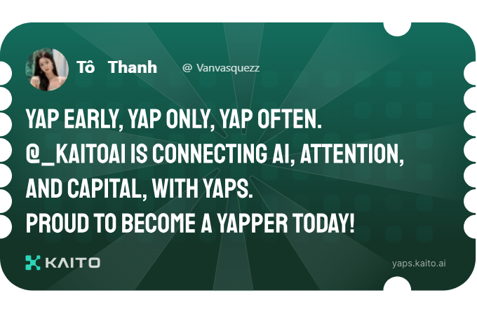 Yap early, yap only, yap often.

<a href="/KaitoAI/">Kaito AI 🌊</a> is connecting AI, attention and capital with Yaps.

Just claimed my social card and I'm accumulating Yap points in real-time.

Claim yours 👉 yaps.kaito.ai/referral/14421…