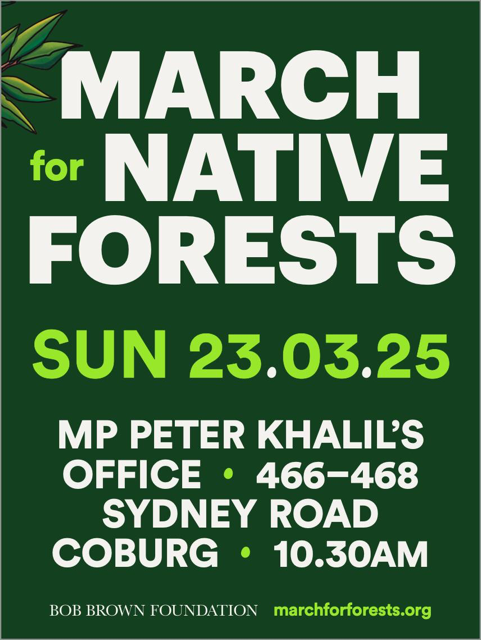 alliance_forest's tweet photo. We'll be joining the @bobbrownfoundation MARCH FOR NATIVE FORESTS on March 23rd, outside Peter Khalil MP's office in Coburg.
See you there to stand for the end to native forest logging across the continent. Some amazing speakers in store.
#MarchForForests https://t.co/WLCHlencPh